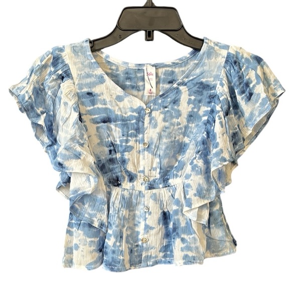 Justice Other - Justice Girls Blue and White Short Sleeve Ruffle Detailing Top